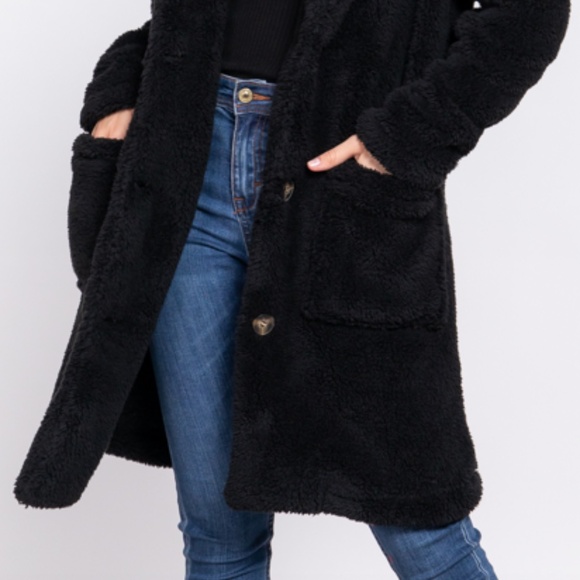 NEW Soft Faux Fur Notched Collar Patch Pocket Sherpa Coat- Button Front- S-M-L - Picture 6 of 9